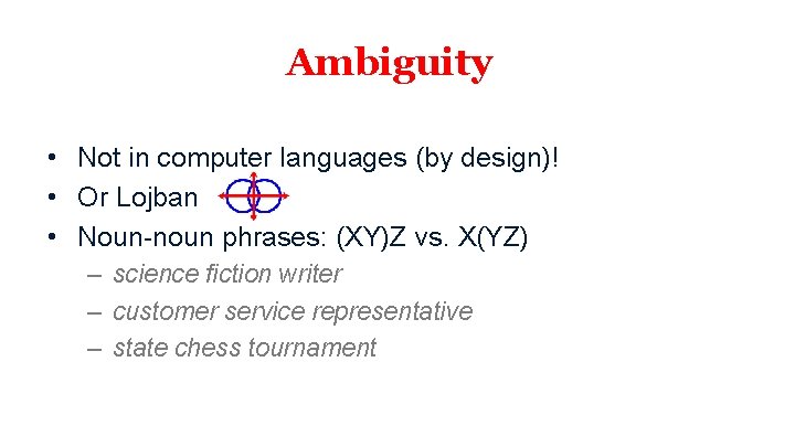 Ambiguity • Not in computer languages (by design)! • Or Lojban • Noun-noun phrases: