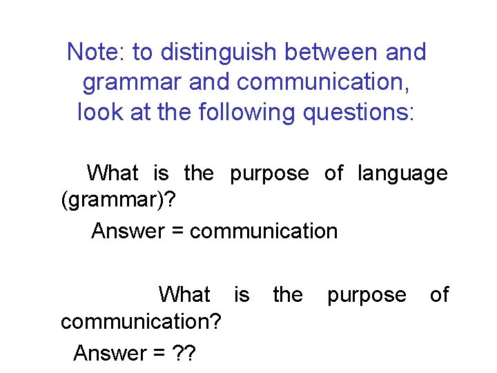 Note: to distinguish between and grammar and communication, look at the following questions: What