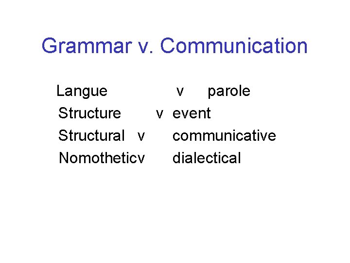 Grammar v. Communication Langue v parole Structure v event Structural v communicative Nomotheticv dialectical