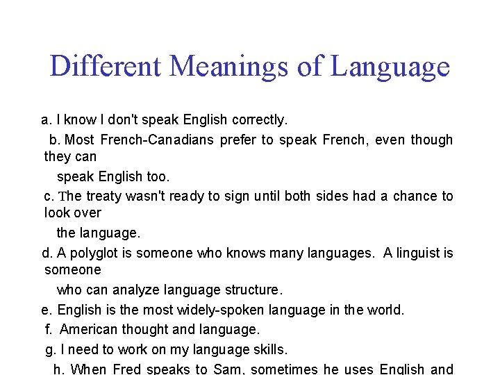 Different Meanings of Language a. I know I don't speak English correctly. b. Most