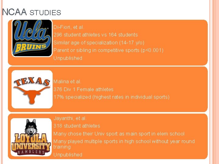 NCAA STUDIES Di-Fiori, et al. 296 student athletes vs 164 students Similar age of NCAA STUDIES Di-Fiori, et al. 296 student athletes vs 164 students Similar age of