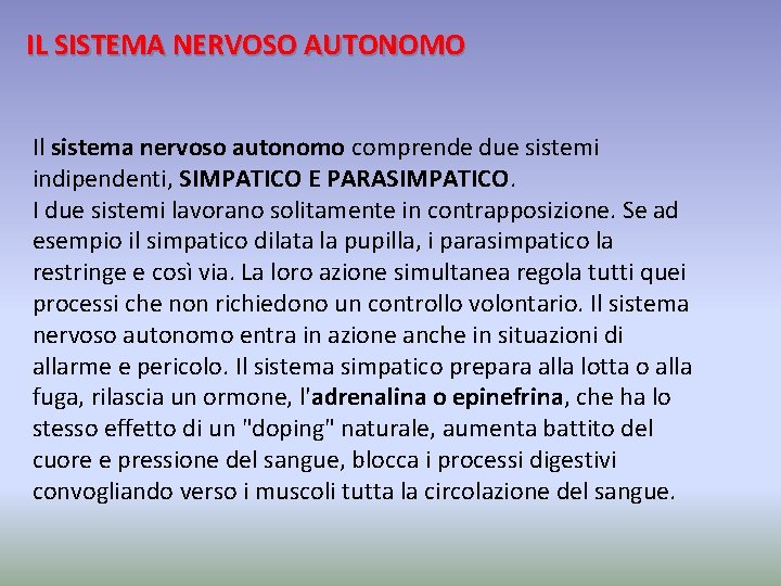 IL SISTEMA NERVOSO AUTONOMO Il sistema nervoso autonomo comprende due sistemi indipendenti, SIMPATICO E