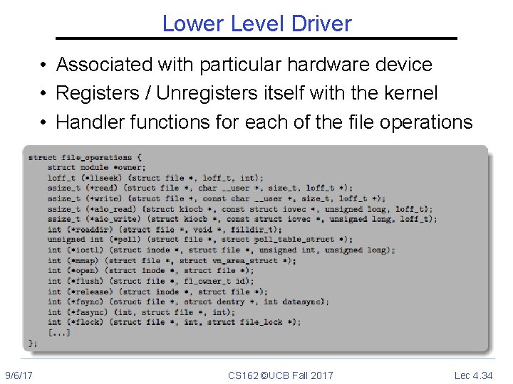 Lower Level Driver • Associated with particular hardware device • Registers / Unregisters itself