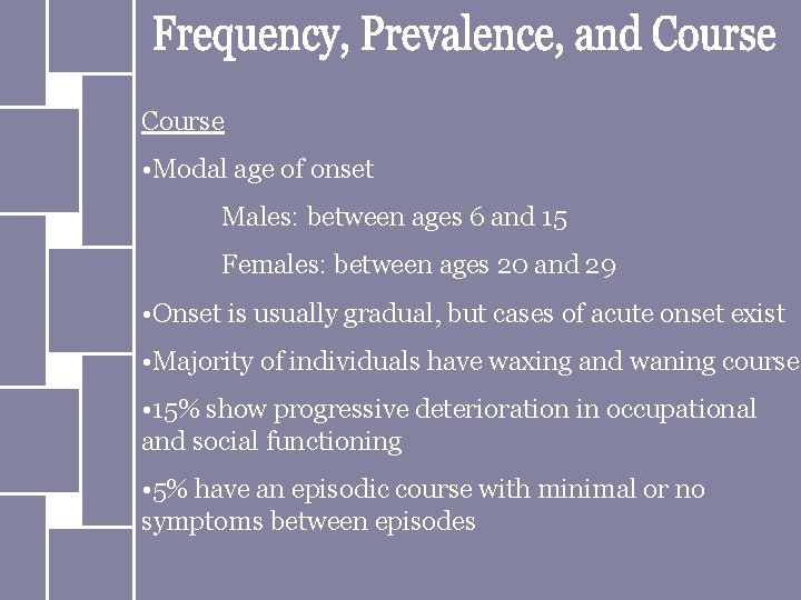 Course • Modal age of onset Males: between ages 6 and 15 Females: between
