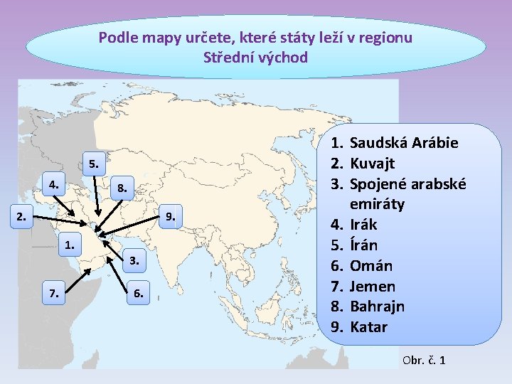 Podle mapy určete, které státy leží v regionu Střední východ 5. 4. 8. 2.