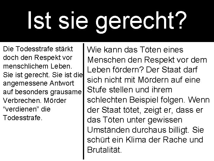 Ist sie gerecht? Die Todesstrafe stärkt doch den Respekt vor menschlichem Leben. Sie ist