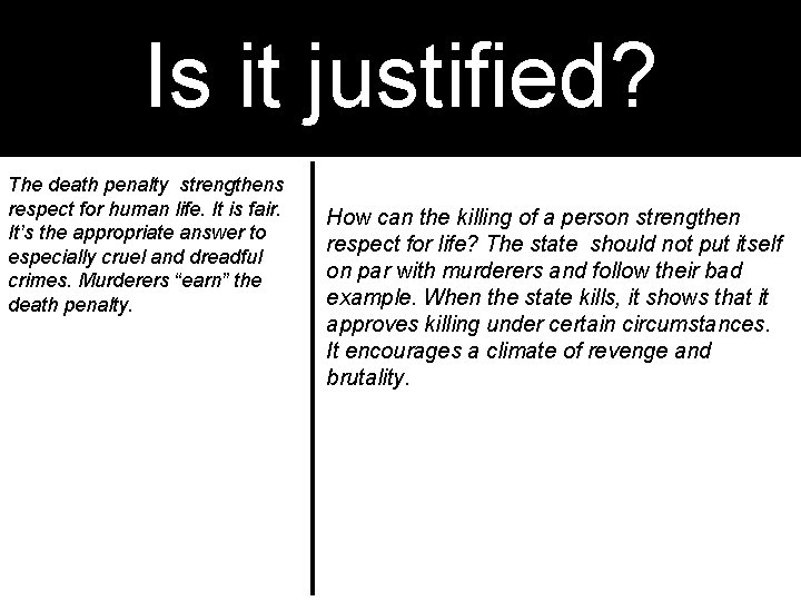 Is it justified? The death penalty strengthens respect for human life. It is fair.