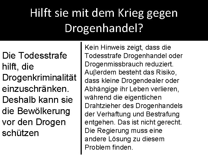 Hilft sie mit dem Krieg gegen Drogenhandel? Die Todesstrafe hilft, die Drogenkriminalität einzuschränken. Deshalb