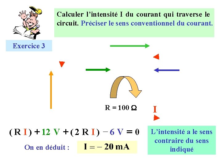 Calculer l’intensité I du courant qui traverse le circuit. Préciser le sens conventionnel du