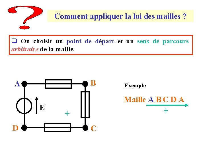 Comment appliquer la loi des mailles ? q On choisit un point de départ