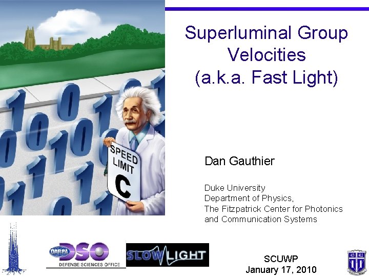 Superluminal Group Velocities (a. k. a. Fast Light) Dan Gauthier Duke University Department of