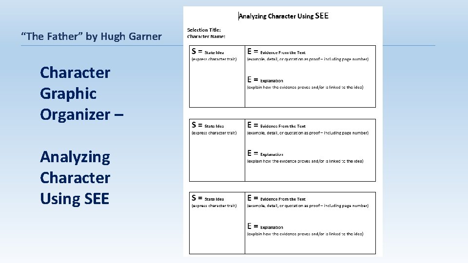 “The Father” by Hugh Garner Character Graphic Organizer – Analyzing Character Using SEE 