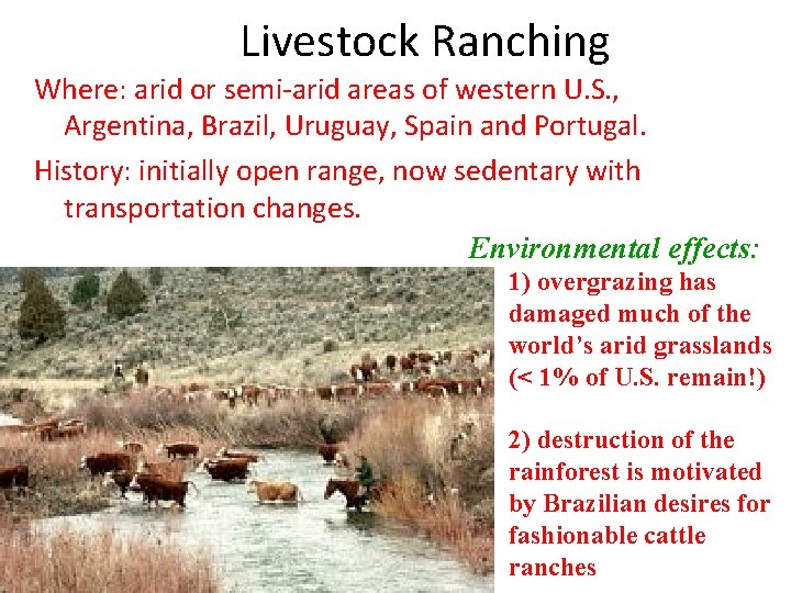 Livestock Ranching Where: arid or semi-arid areas of western U. S. , Argentina, Brazil,