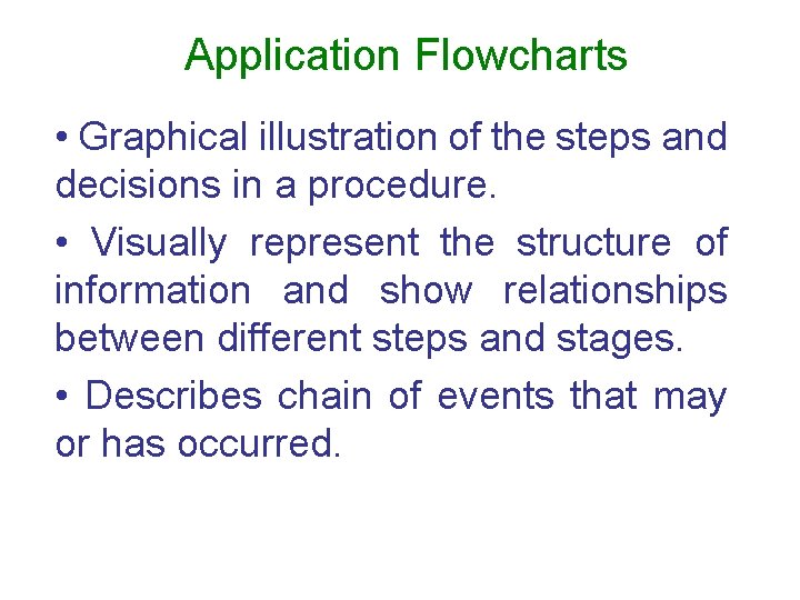 Application Flowcharts • Graphical illustration of the steps and decisions in a procedure. •