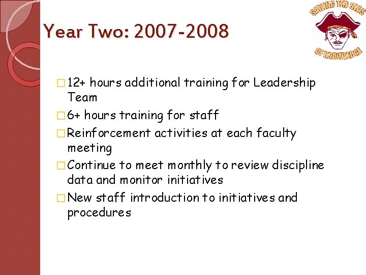 Year Two: 2007 -2008 � 12+ hours additional training for Leadership Team � 6+