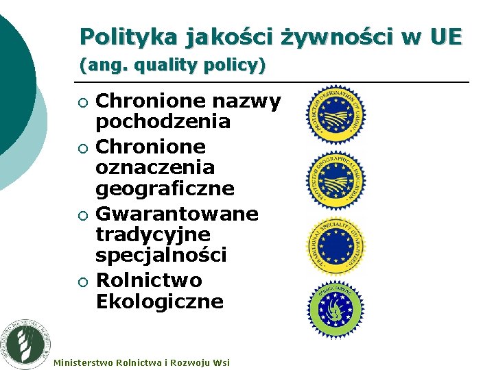 Polityka jakości żywności w UE (ang. quality policy) ¡ ¡ Chronione nazwy pochodzenia Chronione