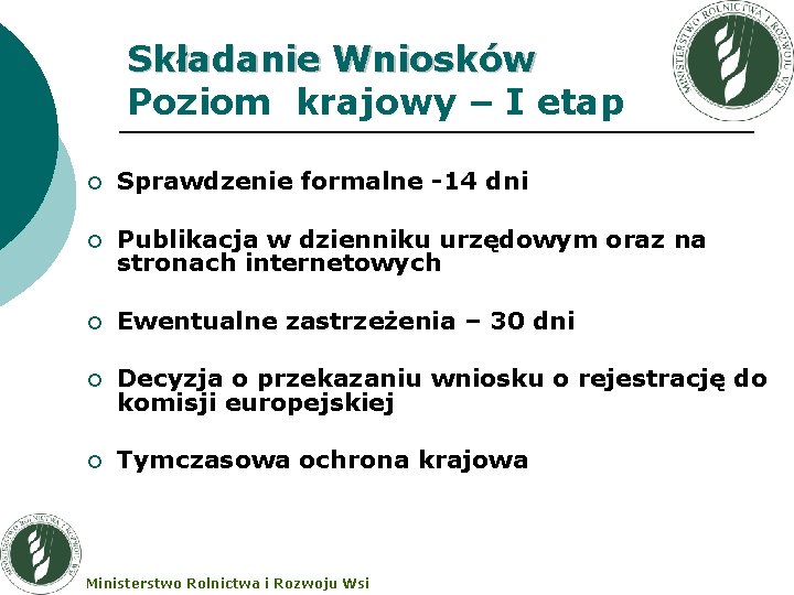 Składanie Wniosków Poziom krajowy – I etap ¡ Sprawdzenie formalne -14 dni ¡ Publikacja