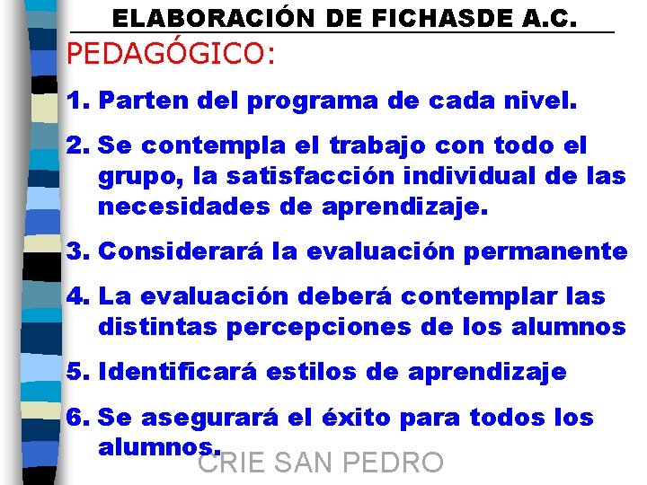 ELABORACIÓN DE FICHASDE A. C. PEDAGÓGICO: 1. Parten del programa de cada nivel. 2.