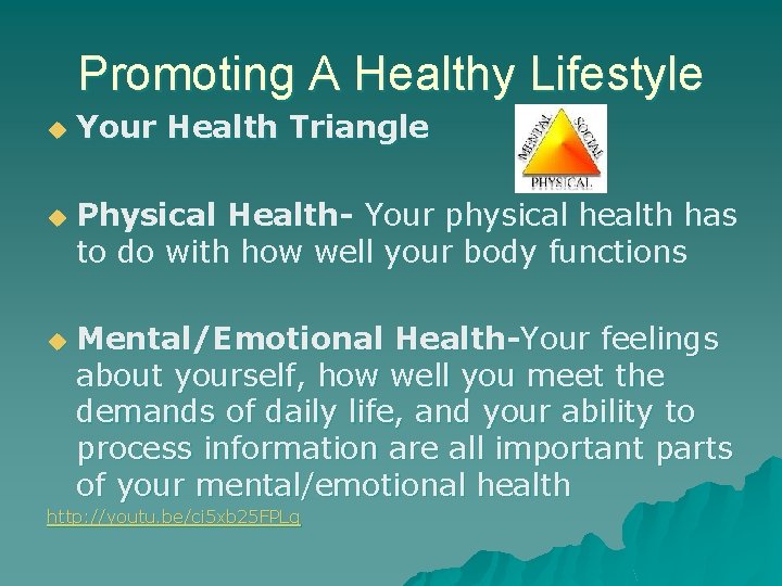 Promoting A Healthy Lifestyle u u u Your Health Triangle Physical Health- Your physical