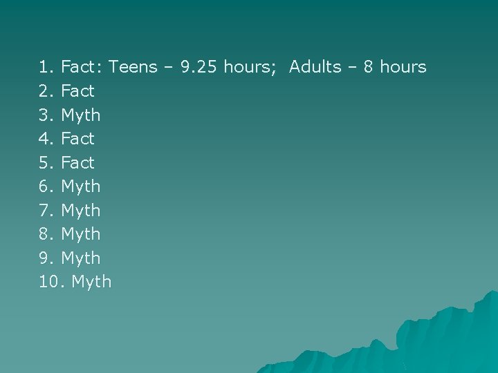 1. Fact: Teens – 9. 25 hours; Adults – 8 hours 2. Fact 3.