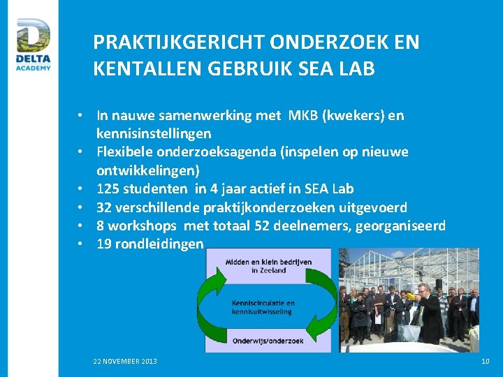 PRAKTIJKGERICHT ONDERZOEK EN KENTALLEN GEBRUIK SEA LAB • In nauwe samenwerking met MKB (kwekers) PRAKTIJKGERICHT ONDERZOEK EN KENTALLEN GEBRUIK SEA LAB • In nauwe samenwerking met MKB (kwekers)