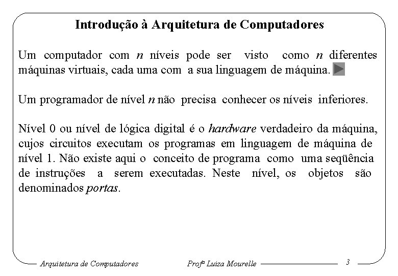 Introdução à Arquitetura de Computadores Um computador com n níveis pode ser visto como