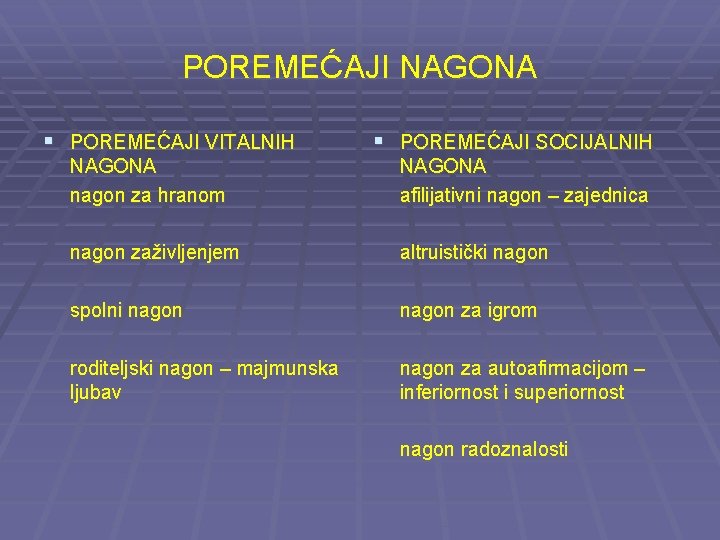 POREMEĆAJI NAGONA § POREMEĆAJI VITALNIH § POREMEĆAJI SOCIJALNIH NAGONA nagon za hranom NAGONA afilijativni