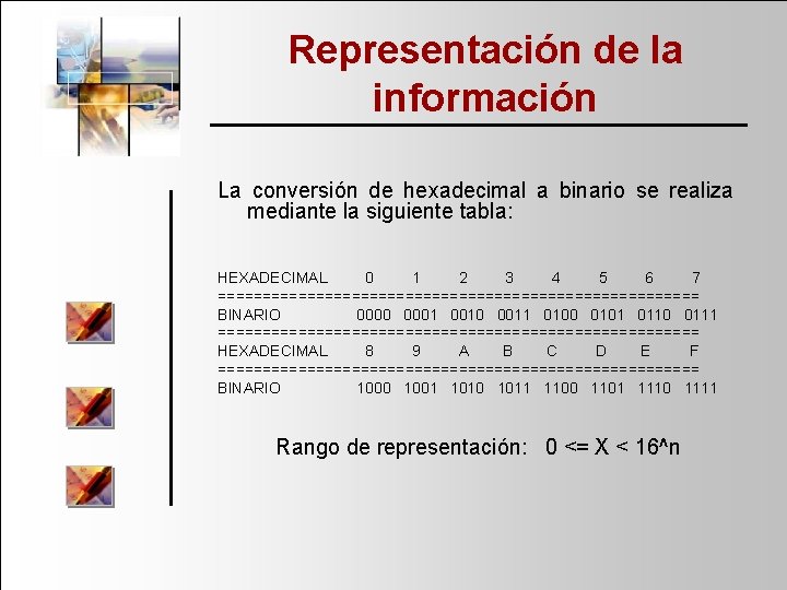 Representación de la información La conversión de hexadecimal a binario se realiza mediante la