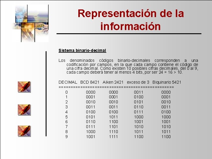 Representación de la información Sistema binario-decimal Los denominados códigos binario decimales corresponden a una