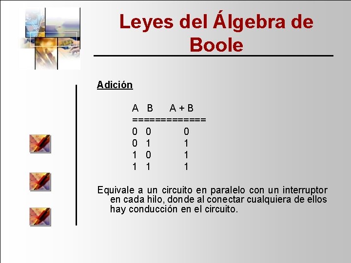 Leyes del Álgebra de Boole Adición A B A + B ======= 0 0