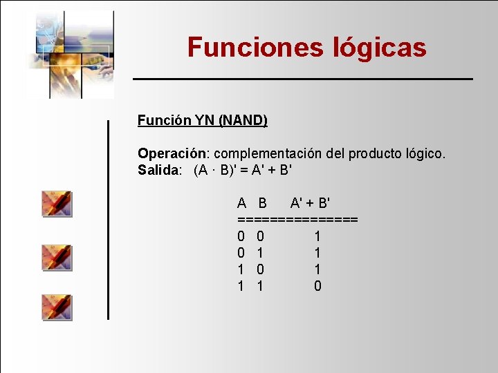 Funciones lógicas Función YN (NAND) Operación: complementación del producto lógico. Salida: (A · B)'