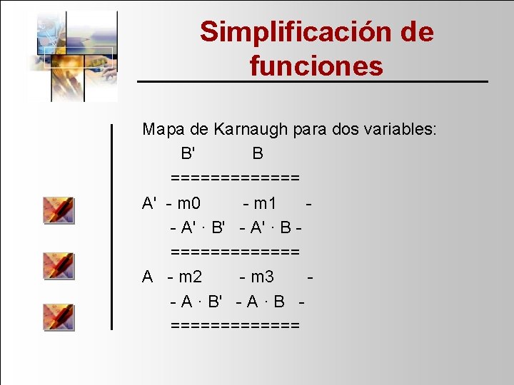Simplificación de funciones Mapa de Karnaugh para dos variables: B' B ======= A' m