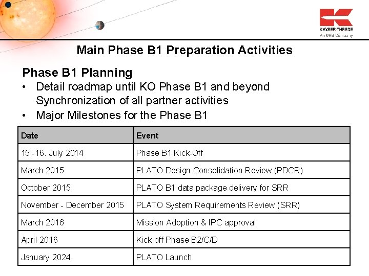 Main Phase B 1 Preparation Activities Phase B 1 Planning • Detail roadmap until