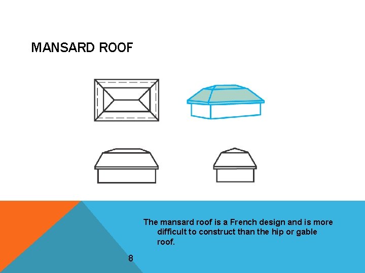 MANSARD ROOF The mansard roof is a French design and is more difficult to