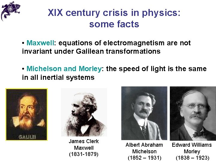 XIX century crisis in physics: some facts • Maxwell: equations of electromagnetism are not