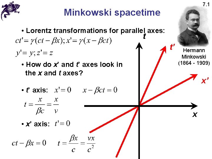 7. 1 Minkowski spacetime • Lorentz transformations for parallel axes: t t’ • How