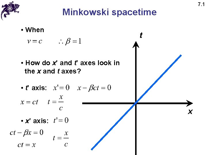 7. 1 Minkowski spacetime • When t • How do x’ and t’ axes