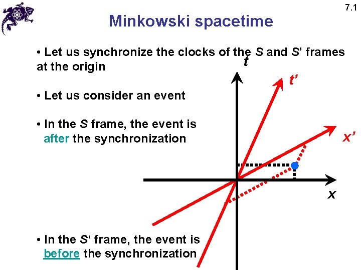 7. 1 Minkowski spacetime • Let us synchronize the clocks of the S and