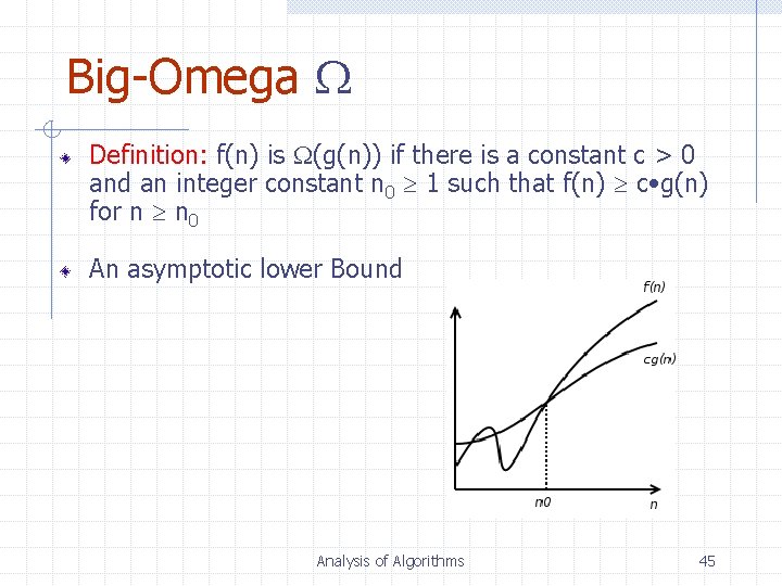 Big-Omega Definition: f(n) is (g(n)) if there is a constant c > 0 and Big-Omega Definition: f(n) is (g(n)) if there is a constant c > 0 and