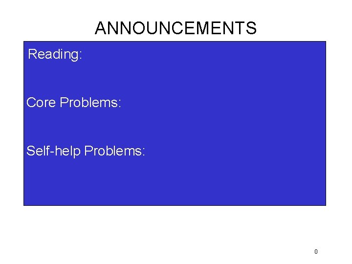 ANNOUNCEMENTS Reading: Core Problems: Self-help Problems: 0 