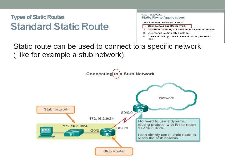 Types of Static Routes Standard Static Route Static route can be used to connect