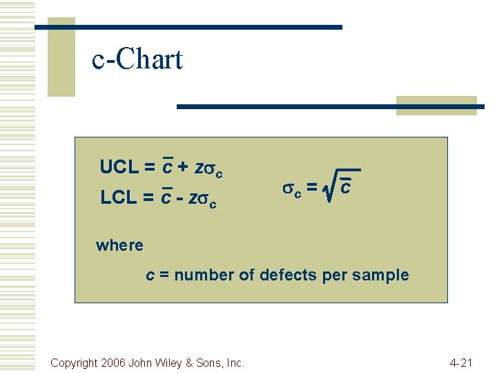 c-Chart UCL = c + z c LCL = c - z c c