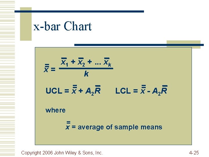 x-bar Chart x 1 + x 2 +. . . xk = x= k