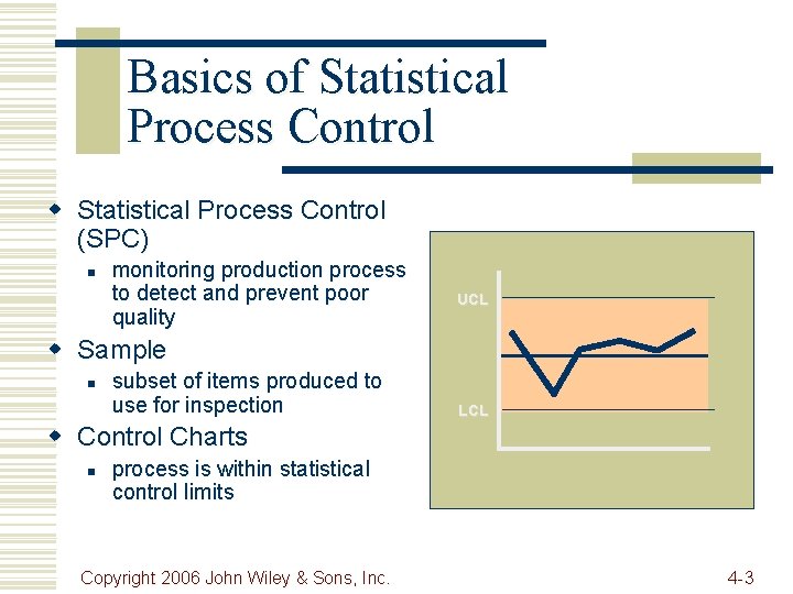 Basics of Statistical Process Control w Statistical Process Control (SPC) n monitoring production process