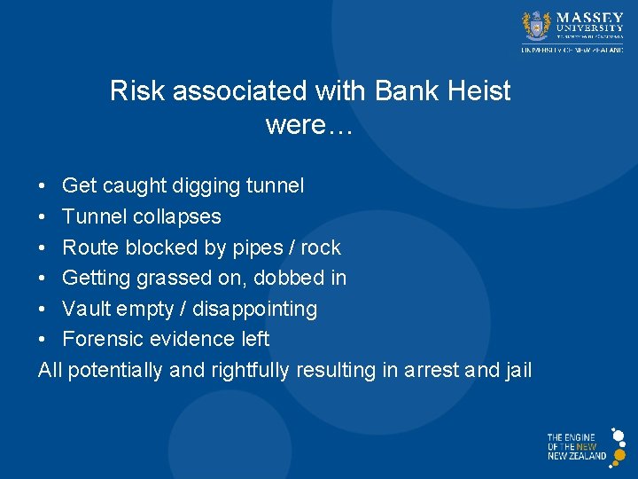 Risk associated with Bank Heist were… • Get caught digging tunnel • Tunnel collapses