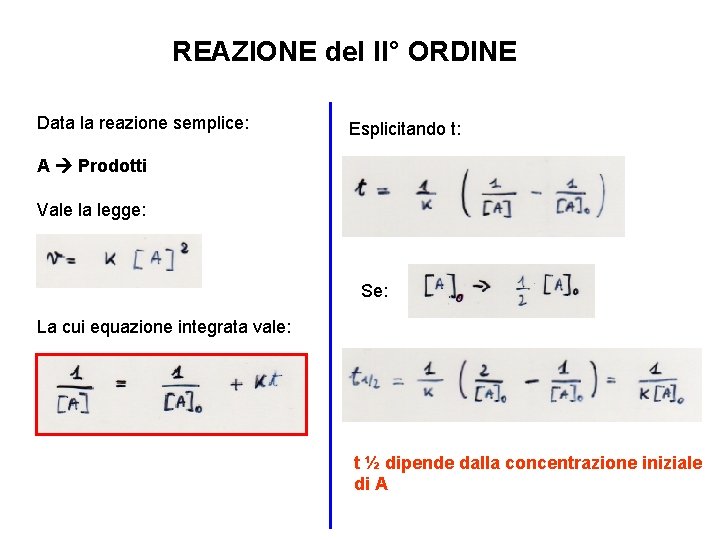 REAZIONE del II° ORDINE Data la reazione semplice: Esplicitando t: A Prodotti Vale la