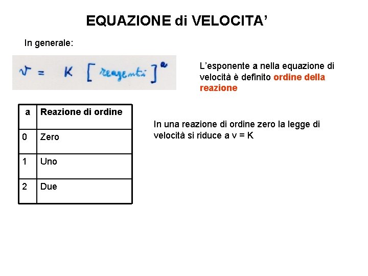 EQUAZIONE di VELOCITA’ In generale: L’esponente a nella equazione di velocità è definito ordine
