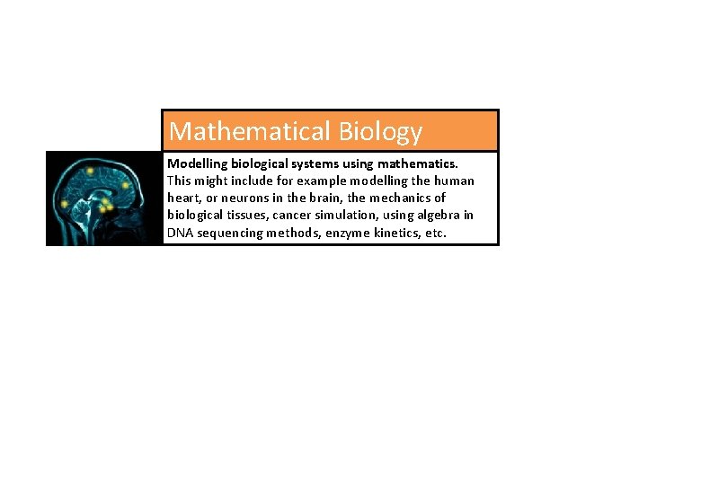 Mathematical Biology Modelling biological systems using mathematics. This might include for example modelling the