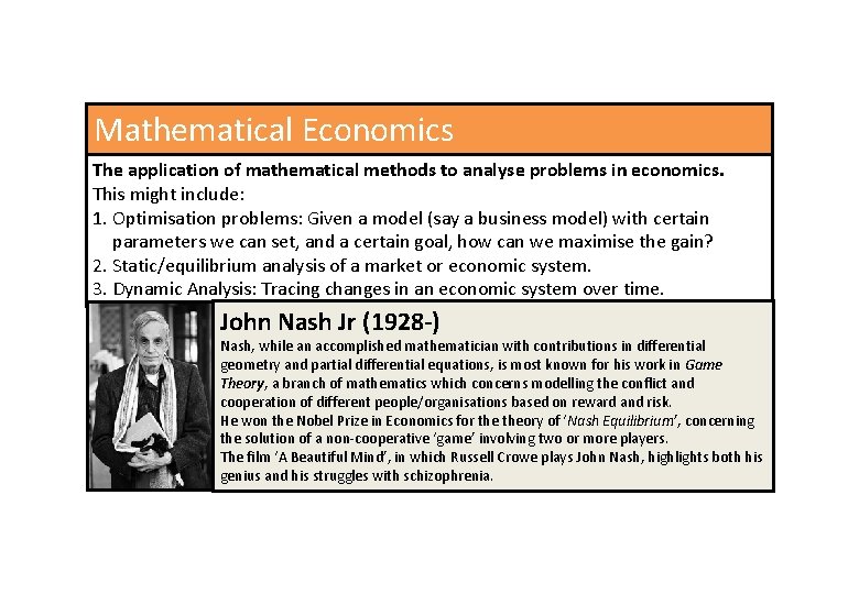 Mathematical Economics The application of mathematical methods to analyse problems in economics. This might