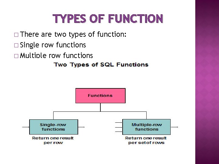 TYPES OF FUNCTION � There are two types of function: � Single row functions